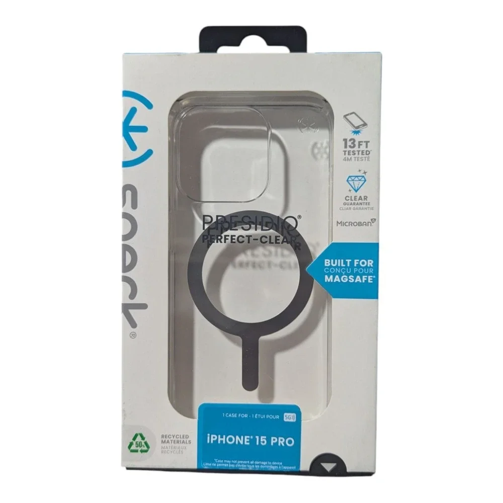 B6. Speck Presidio Perfect-Clear Case for iPhone 15 Pro, W/Chrome & Magsafe